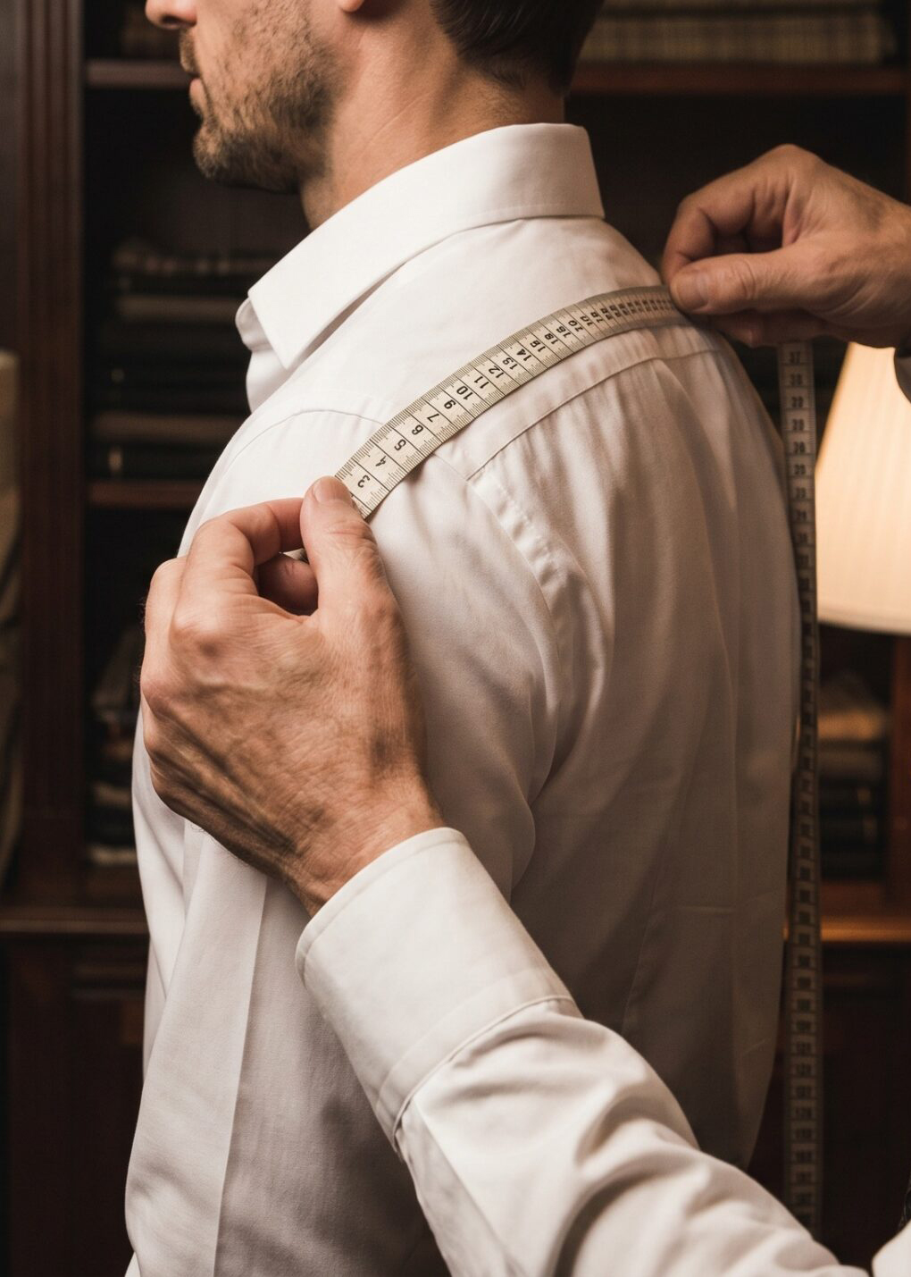 Tailor helping a Suit Up Tailors client check the fit of a custom shirt